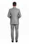 Men's light gray 3-piece modern fit suit (vest included), back view. Tailored silhouette, single vent, straight trousers. Smooth, subtly textured fabric. Uniform color.