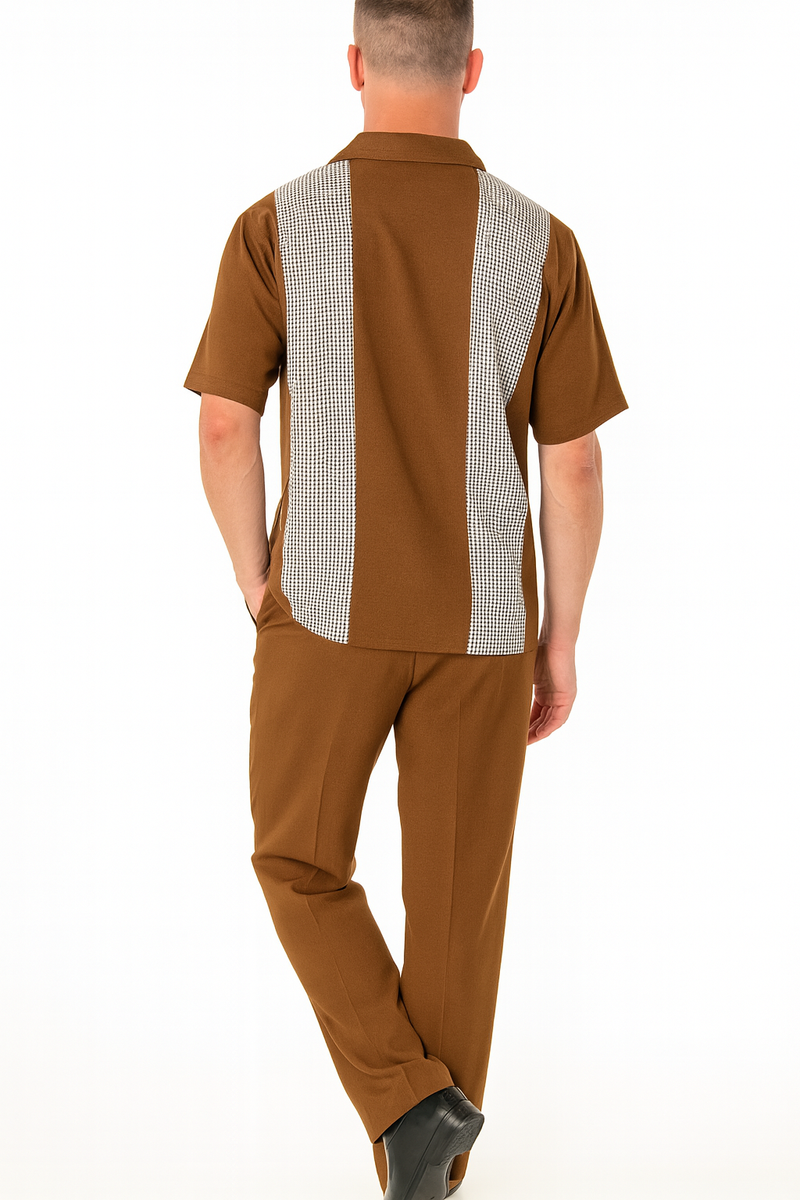 Men's cognac tan two-piece outfit: short-sleeve button-up shirt & pants. Shirt has patterned back panels. Pants are straight-fit with a smooth texture.
