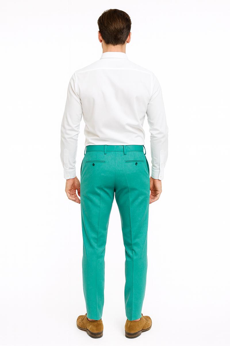 Men's slim-fit aqua dress pants. Lightweight, tailored design with straight leg, subtle sheen. Features back pockets with decorative buttons and belt loop waistband.
