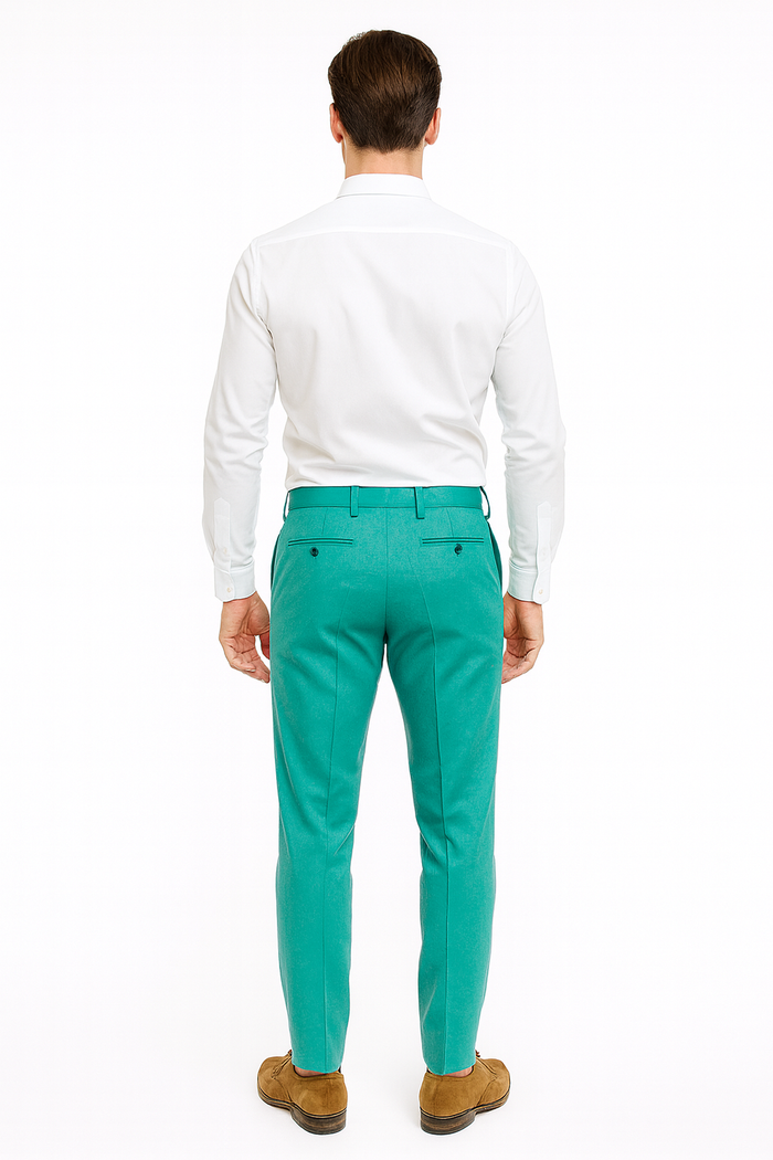 Men's slim-fit aqua dress pants. Lightweight, tailored design with straight leg, subtle sheen. Features back pockets with decorative buttons and belt loop waistband.
