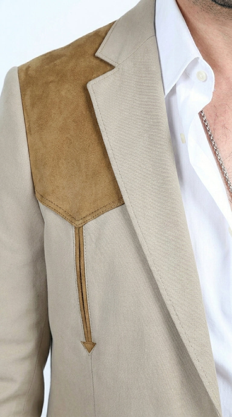 Men’s Khaki Western Blazer with Suede Yokes, Cowboy Sport Coat , Ranch and Country Events in Tan Khaki Color By Platini