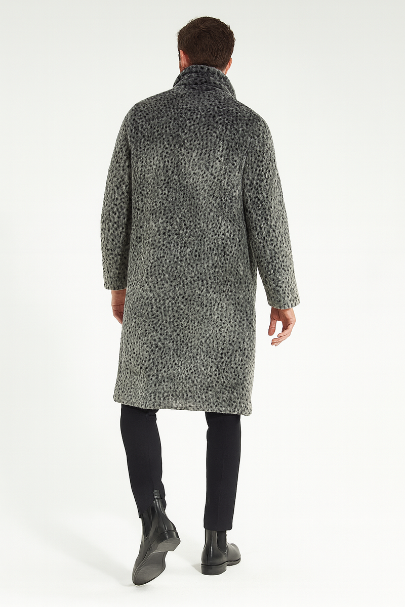 Men's luxury grey faux fur coat. Features animal print, high collar, and mid-calf length. Soft, textured exterior. Sleek, no visible fastenings. Long, straight sleeves.
