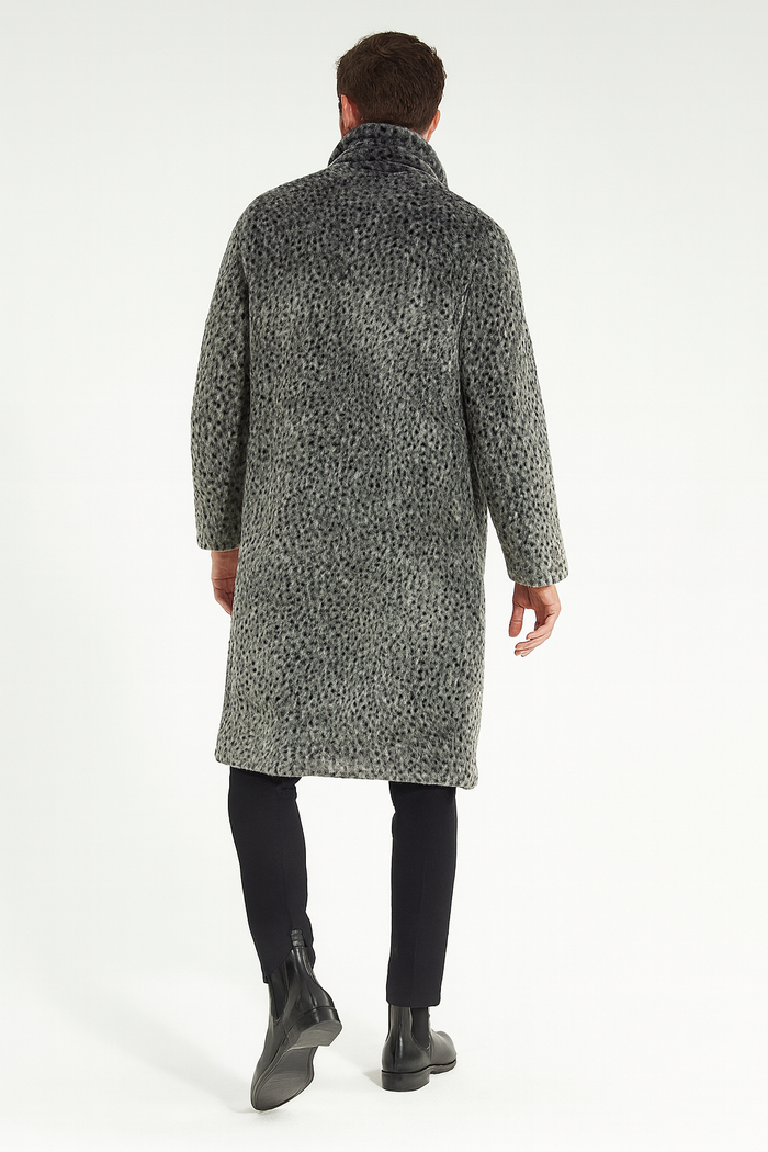 Men's luxury grey faux fur coat. Features animal print, high collar, and mid-calf length. Soft, textured exterior. Sleek, no visible fastenings. Long, straight sleeves.
