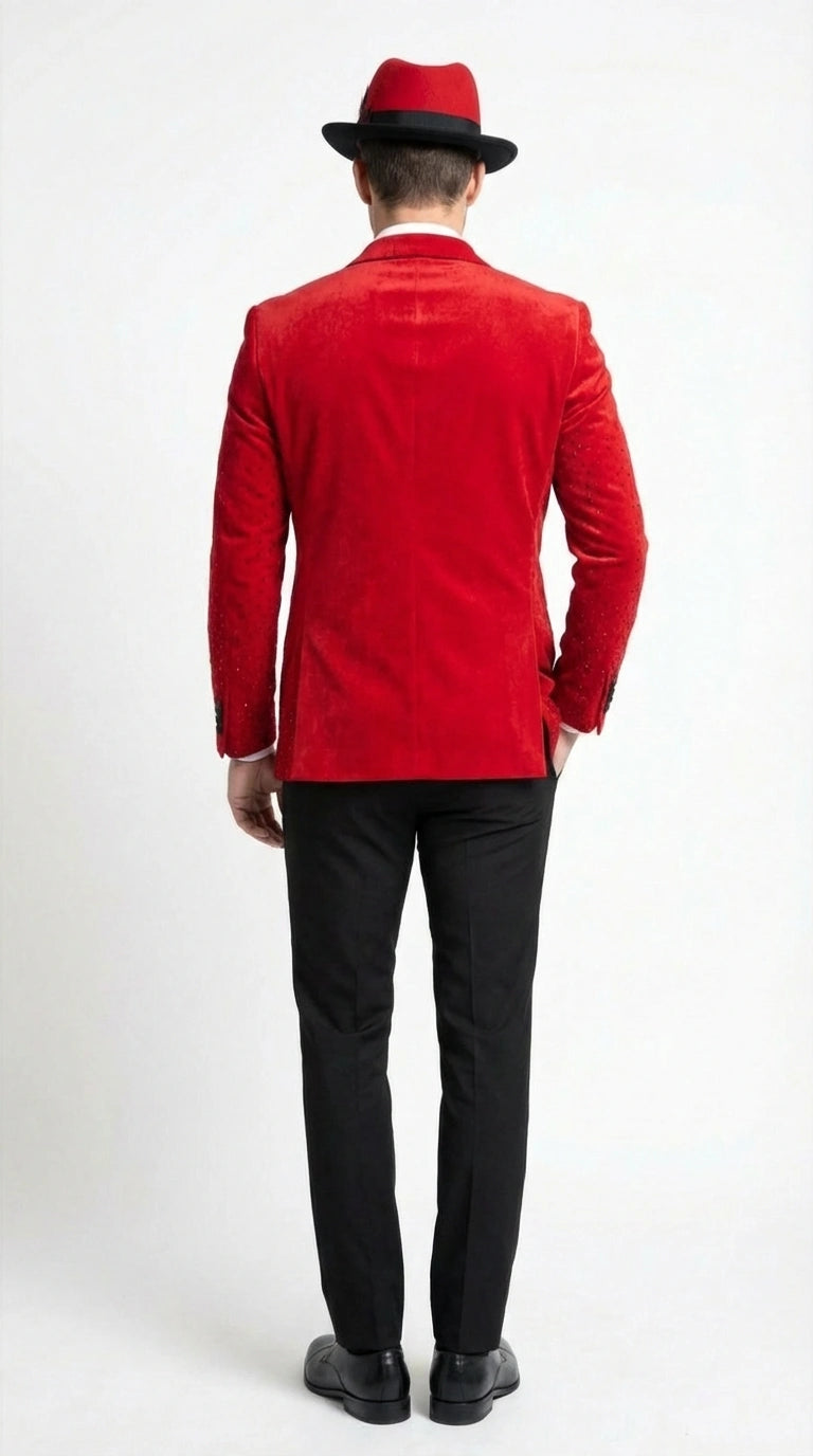 Men’s Red Velvet Fabric Rhinestone  Blazer with Matching Red and Black Hat – Christmas New Year Holiday Party Jacket Set