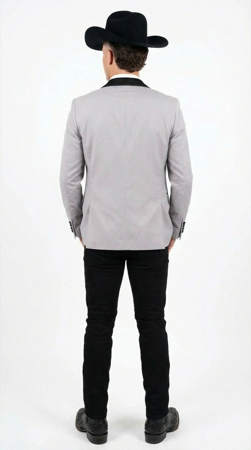 Men’s Light Gray Cowboy Tuxedo with Black Satin Lapel – Western Formal Suit with Double Breasted Vest