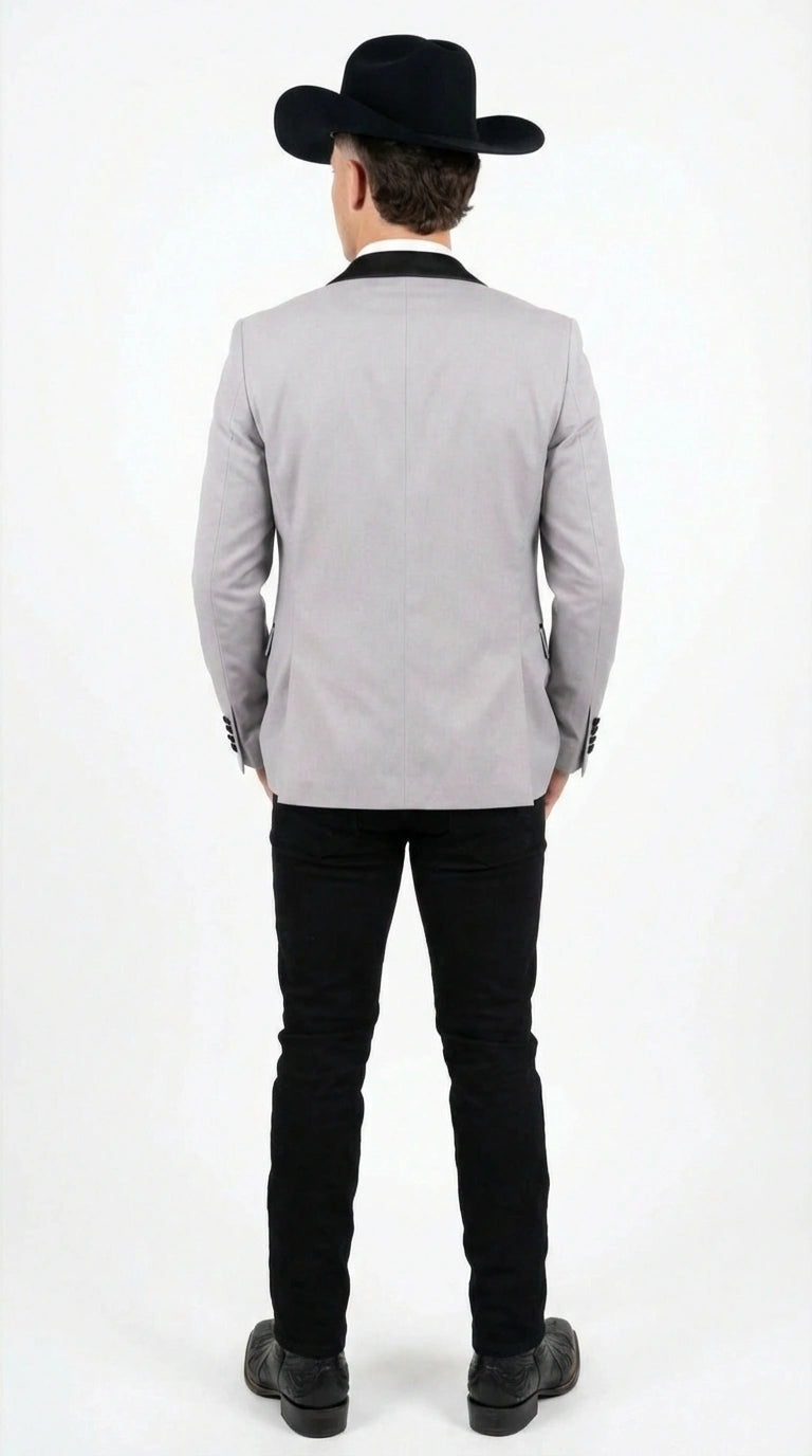 Men’s Light Gray Cowboy Tuxedo with Black Satin Lapel – Western Formal Suit with Double Breasted Vest