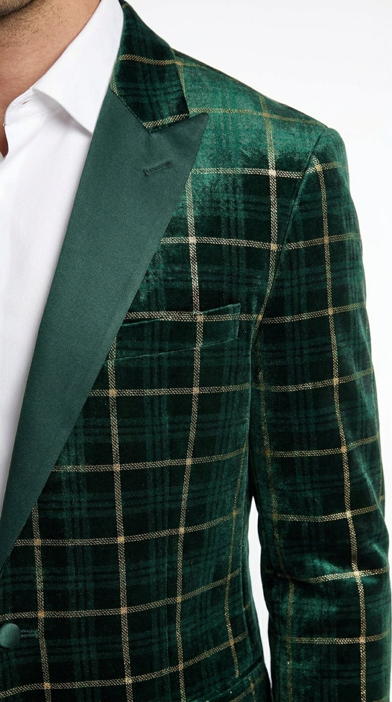 Men’s Green and Gold Plaid Christmas Holiday Blazer – Classic Check Party Jacket for New Year, Wedding and Festive New Year event