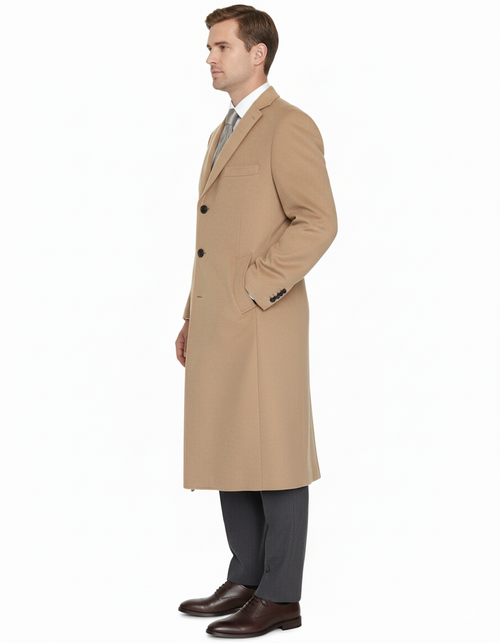 Mens Overcoat -Mens Long Wool Topcoats- Topcoat For Men-Men's Dress Coat Tan 4 Buttons Full Length Wool Cashmere Blend Overcoat Top Coat