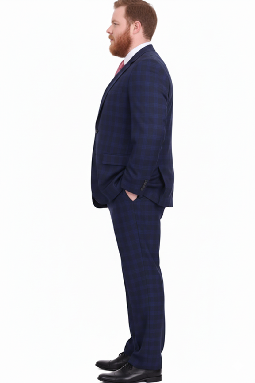 Mix And Match Suits Men's Plaid Pattern Portly Fit Blue Two Button Fully Lined Suit Executive Fit Suit - Mens Portly Suit