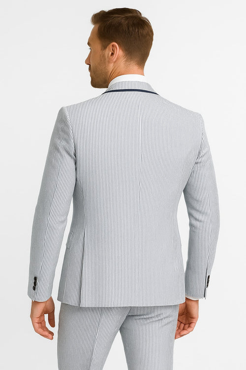 Men's White and Navy Pinstripe Suit with Contrast Trim â€“ 3-Piece Seersucker Style Set for Weddings and Summer Events