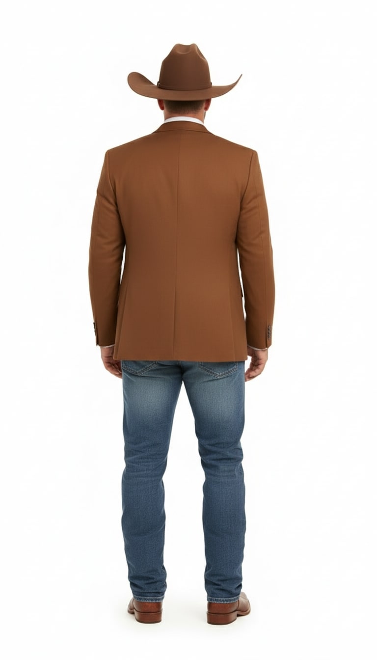 Rust copper brown men's western blazer. Classic tailored fit with structured shoulders and a sturdy appearance. Features clean back lines, single vent, and a fitted silhouette.
