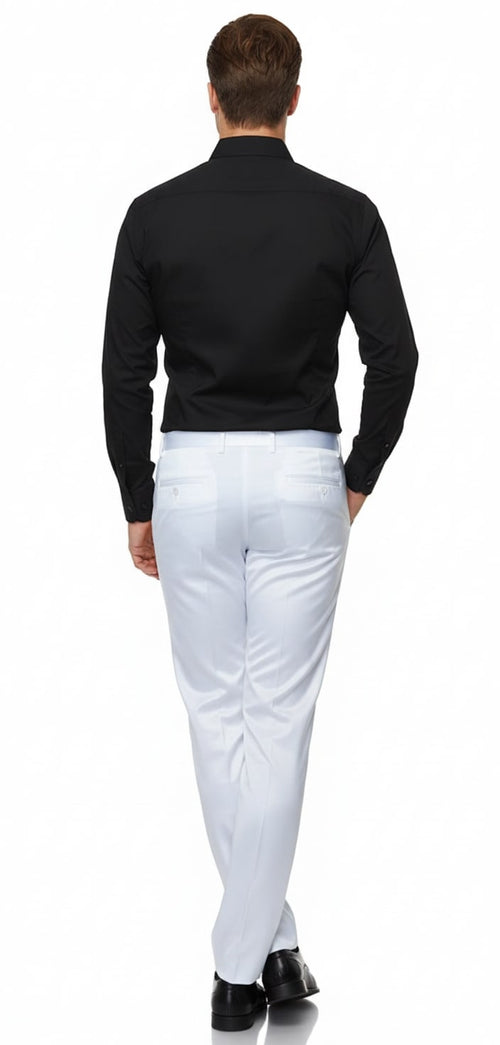 White satin slim fit men's dress pants. Tailored design, straight leg, and shiny finish. Features rear pockets and a clean waistband, ideal for formal occasions.
