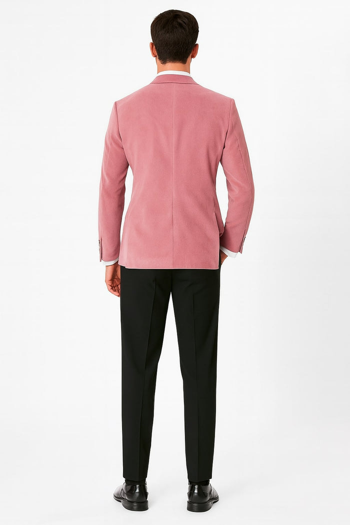 Men's slim fit pink velvet tuxedo jacket. Shawl lapel, soft textured fabric, unified pink color. Smooth back, long sleeves, button details.
