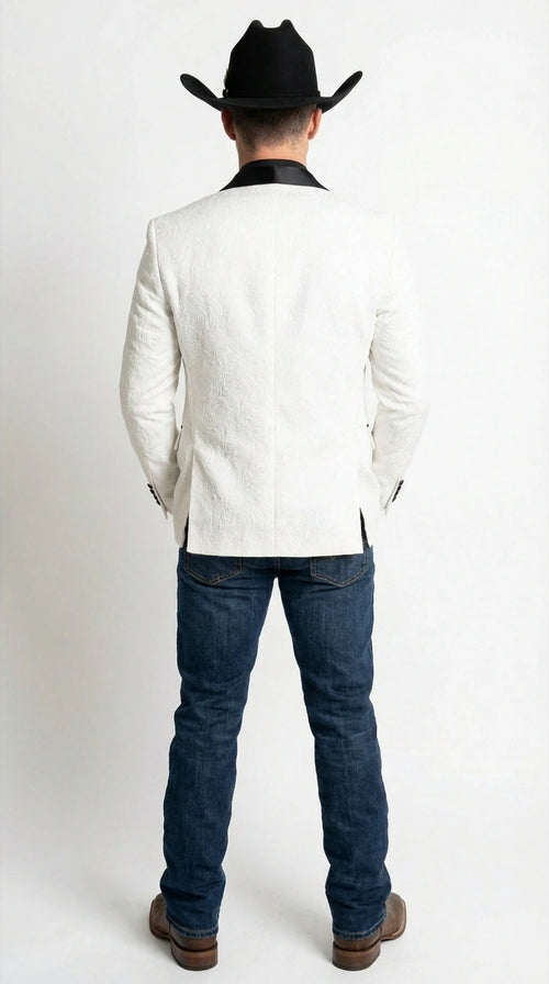 Men’s White Cowboy Blazer with Black Shawl Lapel – Western Formal Jacket for Wedding and Special Events