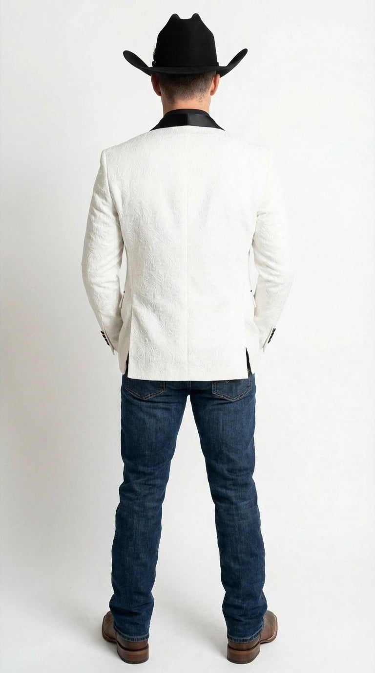 Men’s White Cowboy Blazer with Black Shawl Lapel – Western Formal Jacket for Wedding and Special Events