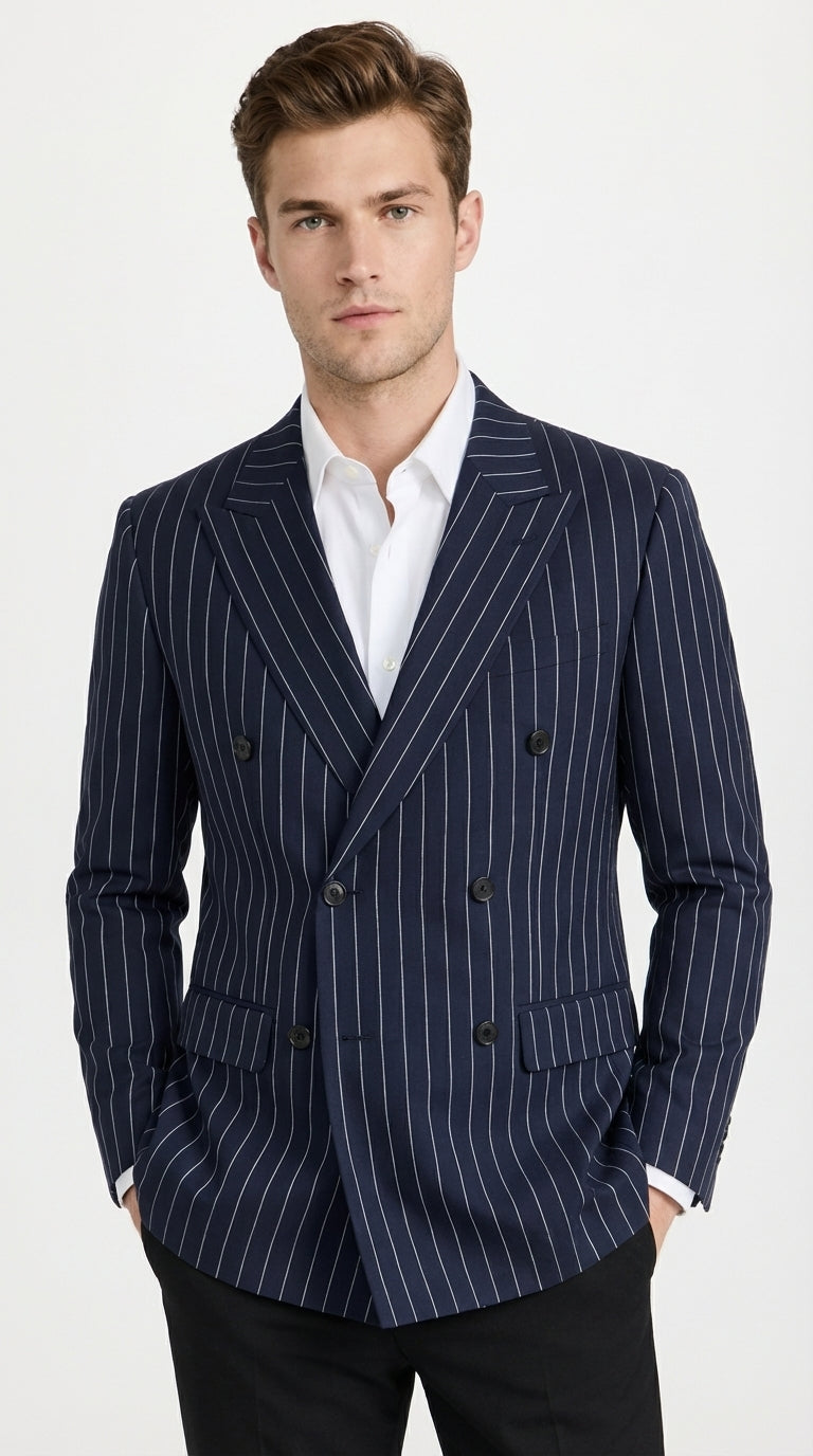 Mens Navy Blue Pinstripe Double Breasted Blazer Sport Coat – Classic Formal Business Jacket for Party and Smart Casual Wear