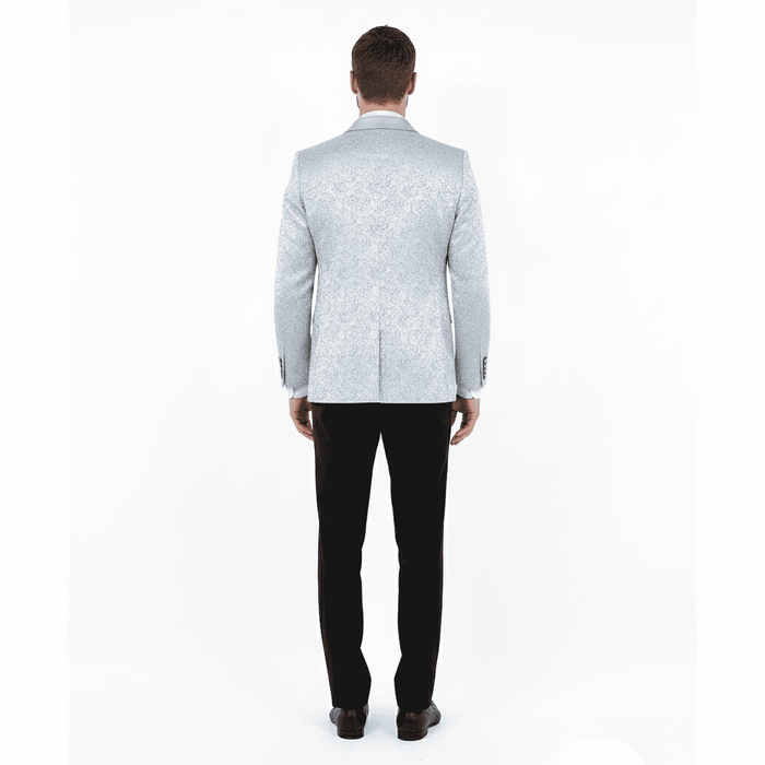 Silver-gray paisley tuxedo jacket for big & tall men. Satin finish, shawl lapel. Fitted structure, decorative paisley pattern on the back.
