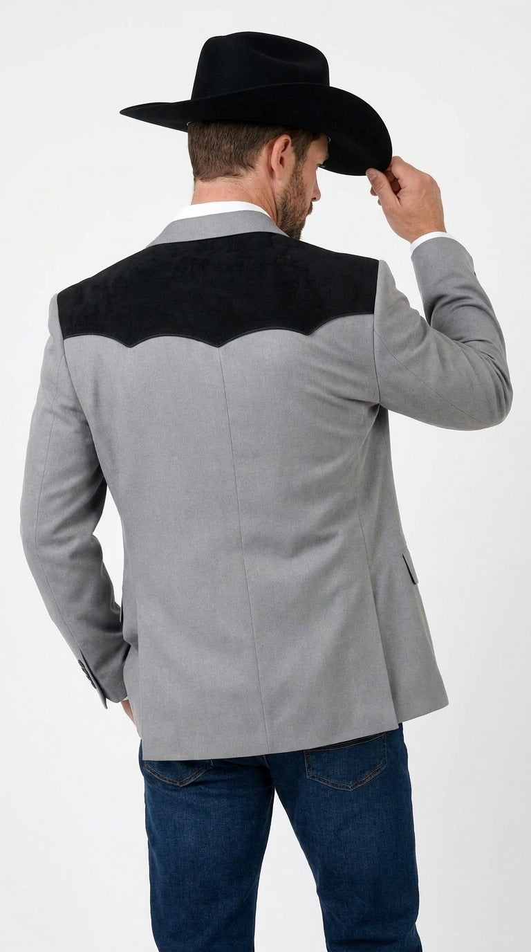 Men’s Grey Western Blazer with Black Suede Yoke – Cowboy Sport Coat for Rodeo, Country Wedding & Ranch Wear