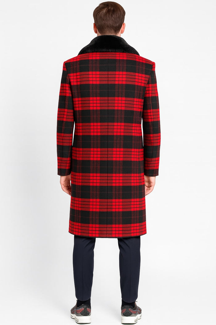Men's wool overcoat with red/black plaid & black faux fur shawl collar. Straight, tailored fit extends below the hips.
