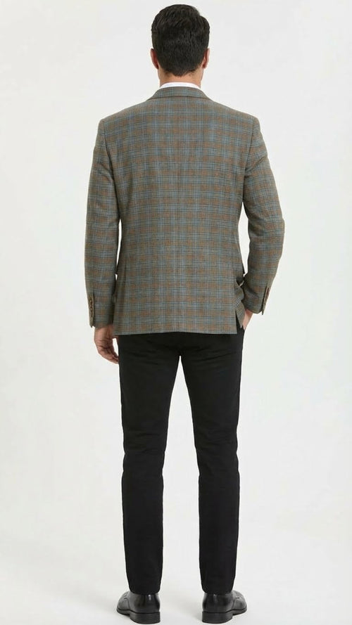 Men's sport coat in green, brown, and teal plaid. Textured fabric, standard lapel, two back vents. Buttoned cuffs and tailored fit.
