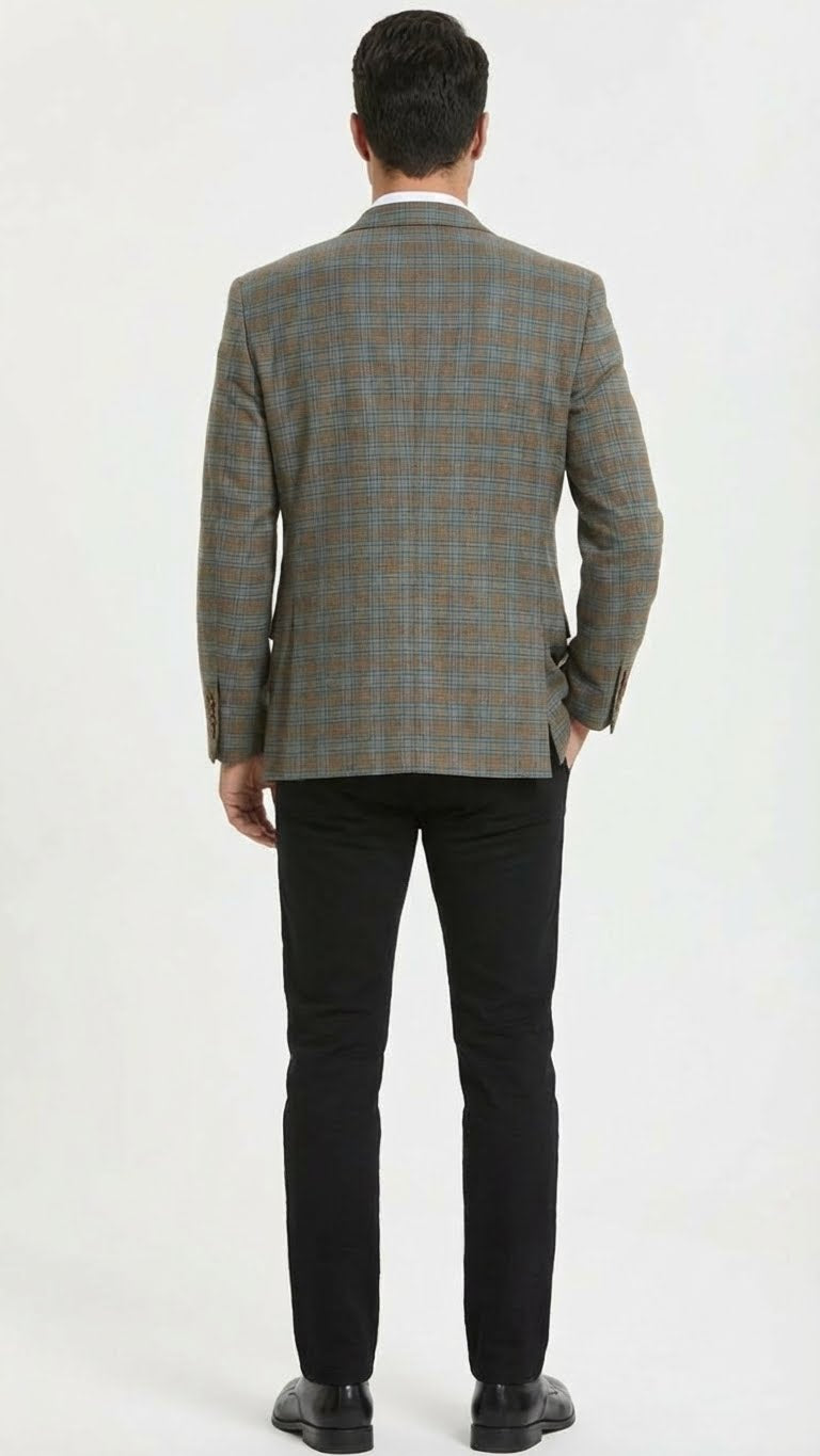 Men’s Green Brown and Teal Plaid Sport Coat – Tailored Fit Check Blazer Jacket - Tartan Sportcoat