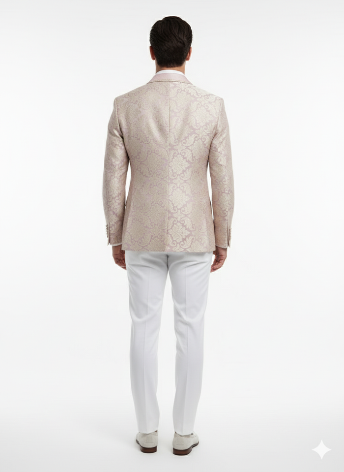 Lavender & gold tuxedo: Embroidered lilac mauve floral pattern with glossy sheen. Tailored fit, single vent. Paired with flat-front white trousers for a formal look.
