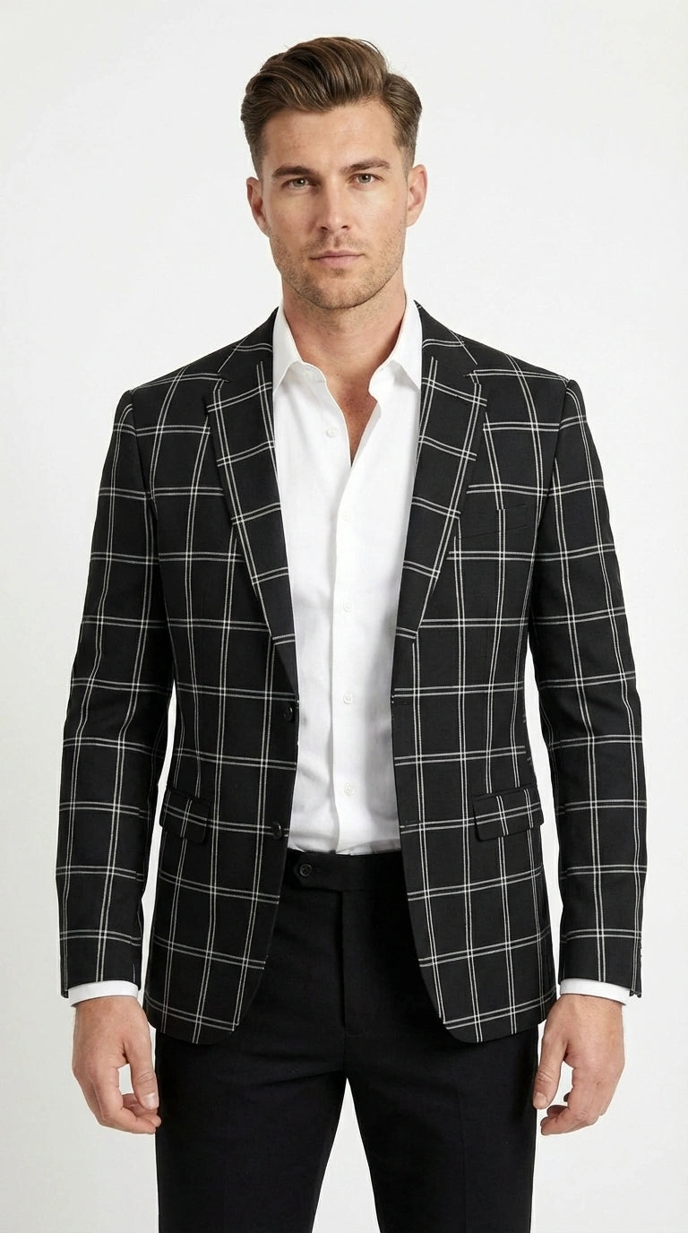 Men’s Black Windowpane Check Blazer – Black Plaid Formal Blazer Jacket for Business, Wedding and Smart Casual Style