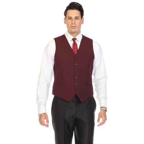 The solo adjustable casual and formal burgundy vest by Alberto Nardoni features a fitted shape with a V-neckline. It is made of a smooth, textured fabric and is primarily burgundy in color. The vest includes a front button closure with five visible buttons, and it has two lower pockets.