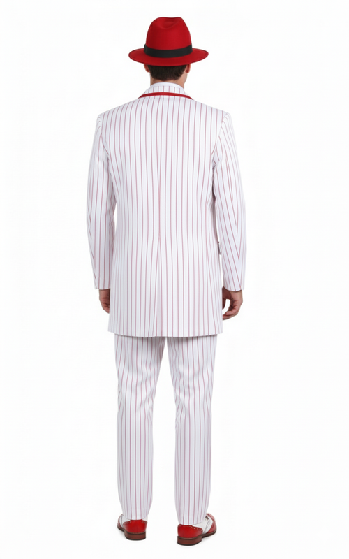 Mens 1920s White and Red Pinstripe Zoot Suit with Fedora Hat and