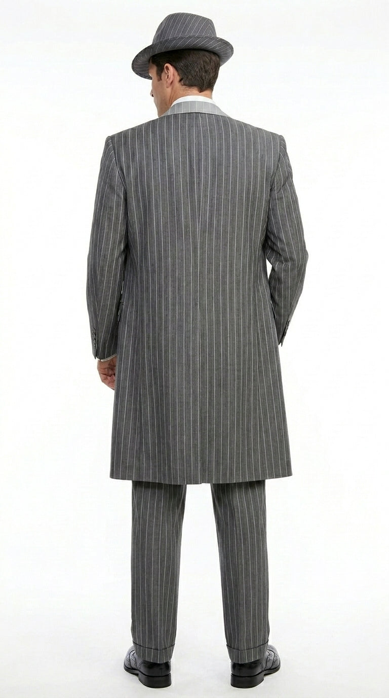 Men’s Grey Pinstripe Zoot Suit 3 Piece – 1920s Gangster Vintage Wide Lapel Suit with Vest for Wedding, Party