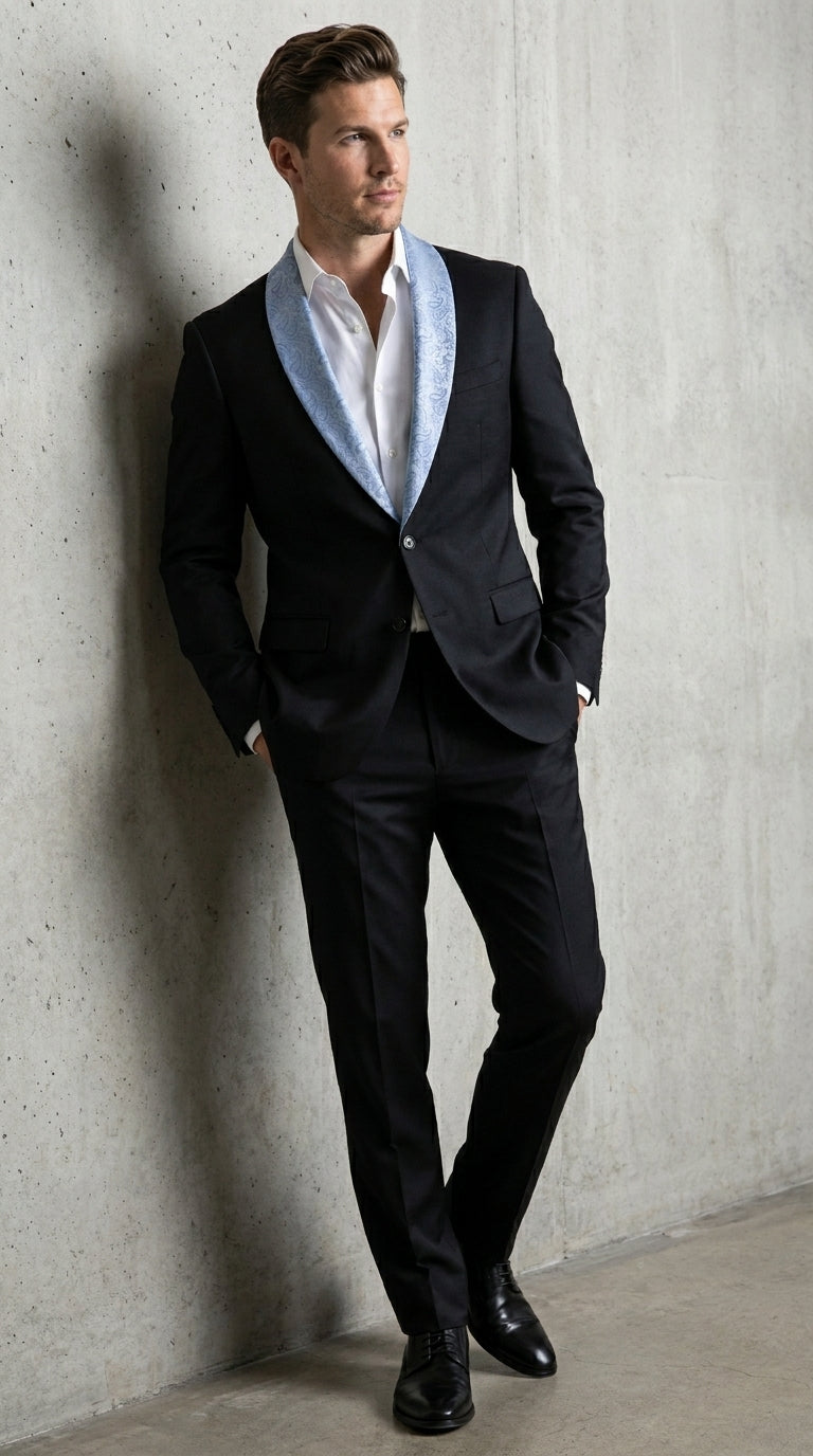 Men’s Black Suit with Light Blue Lapel – Modern Formal Tuxedo Style Suit for Wedding, Prom, Party and Sky Powder Blue Color