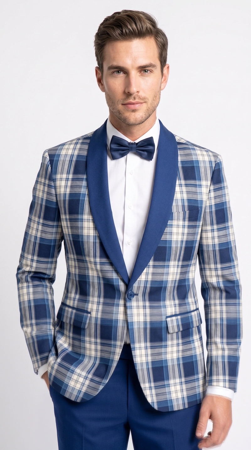 Men’s Tartan Blue Plaid and Solid Blue Tuxedo – Modern Check Pattern Formal Suit for New Year - Christmas - Holiday Jacket with Pants