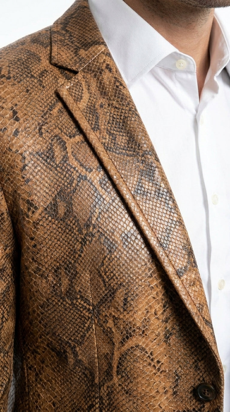Men’s Brown Snakeskin Pattern Blazer – Stylish Exotic Print Formal Blazer Jacket for Party, Exotic Crocodile Alligator Print