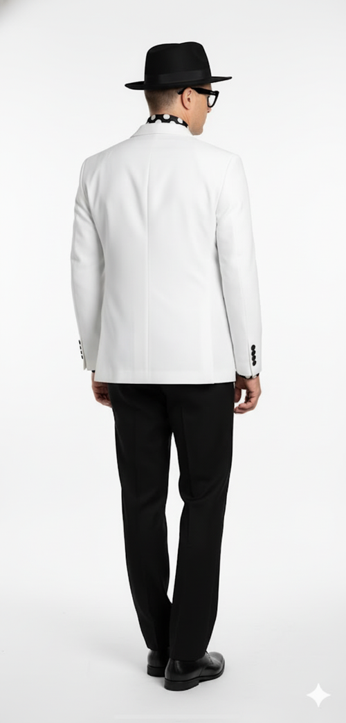 Men's modern slim-fit tuxedo: white double-breasted jacket, black trousers. Features structured silhouette, smooth finish, black buttons. Includes black bowtie and shoes.
