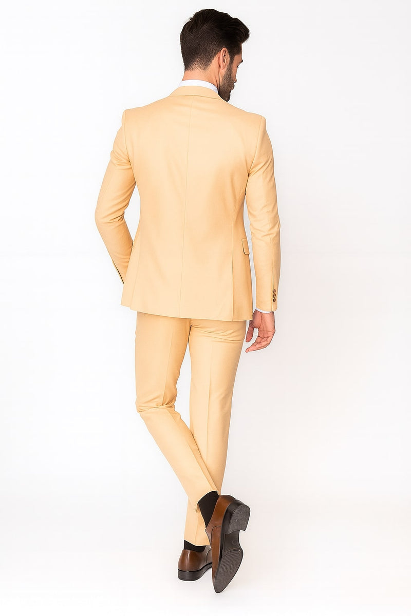 Stylish men's peach three-piece suit. Slim fit, double-breasted vest, and notch lapel blazer. Smooth fabric, dress pants included. Perfect for a polished look.

