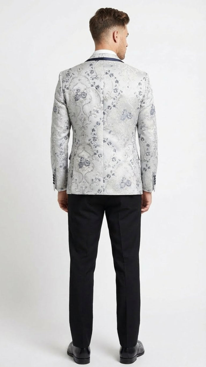 Men's floral jacquard blazer: white & navy. Features a floral pattern, navy shawl lapel, and a tailored fit. Light fabric for a stylish look.
