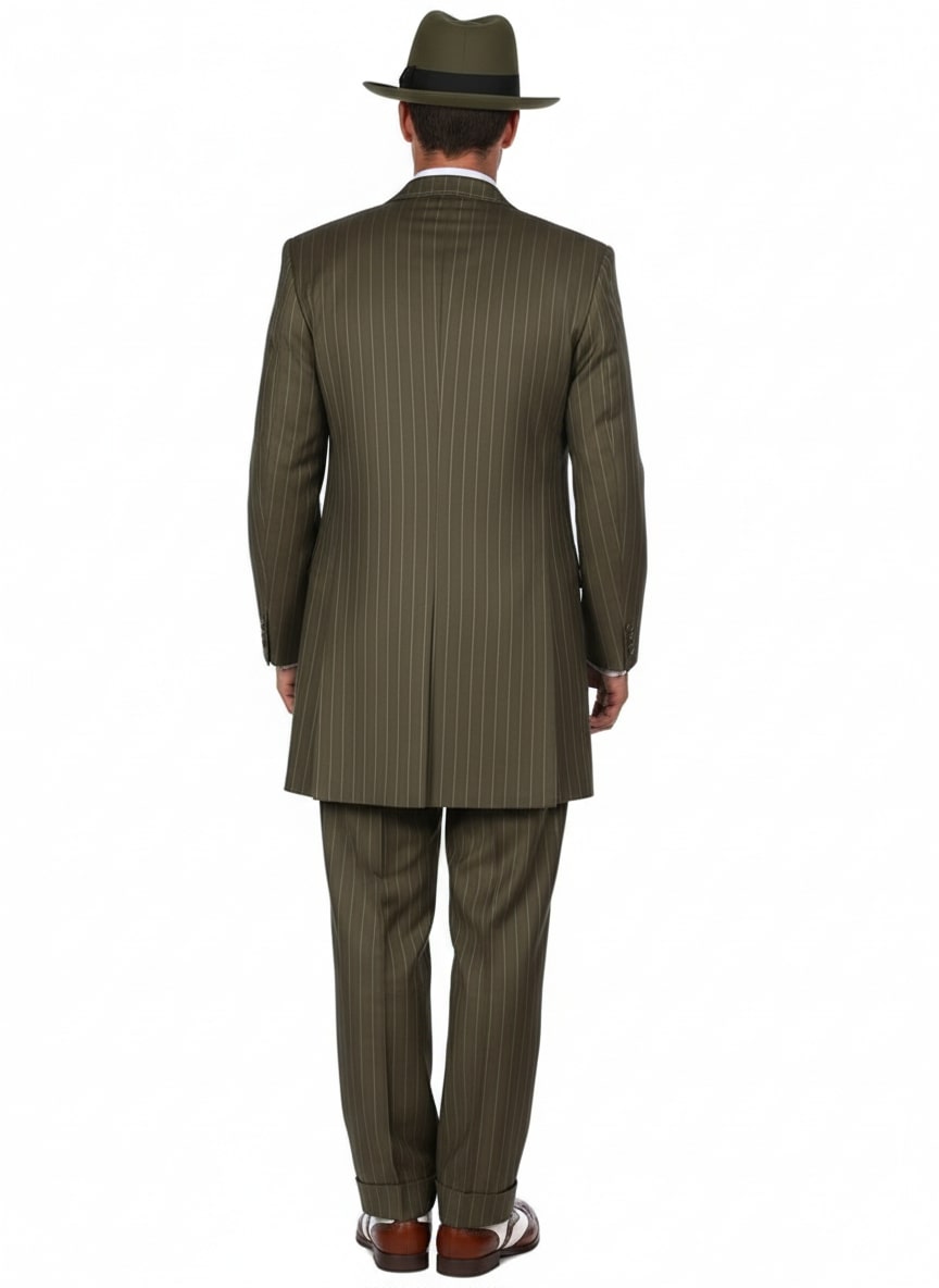 Mens Olive Green Pinstripe Zoot Suit – 1920s Gangster Vintage 3-Piece Suit for Formal and Themed Events