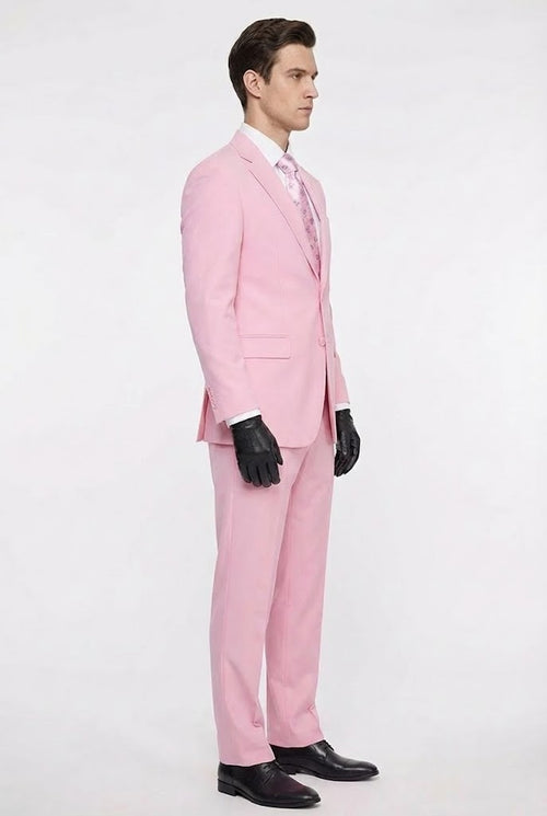 Men's pink two-piece suit with a classic fit. Features a notched lapel jacket with front pockets and straight-leg pants. Made from smooth, lightweight fabric for formal occasions.
