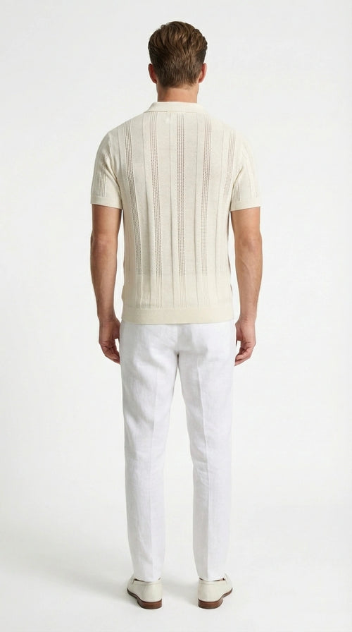 Mens Cream Ivory Off White Knit Walking Suit Set – Lightweight Short Sleeve Shirt and Pants Outfit for Summer, Vacation and Casual Style