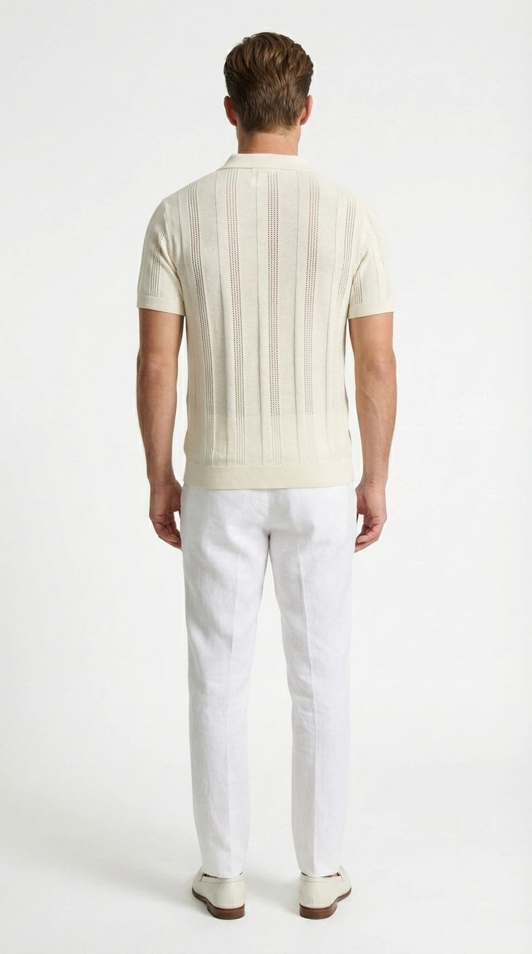 Mens Cream Ivory Off White Knit Walking Suit Set – Lightweight Short Sleeve Shirt and Pants Outfit for Summer, Vacation and Casual Style