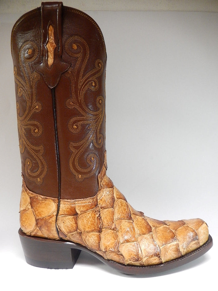 Alberto Nardoni Safari boots. High-shaft, ornate brown stitched leather upper. Lower section with woven light tan scales. Pointed toe, stacked heel. Pirarucu monster fish inspired.
