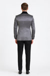 Silver Metallic Tuxedo Suit with Black Satin Peak Lapel – Mens Slim Fit Formal Wedding and Prom Attire in Charcoal Grey With Pants