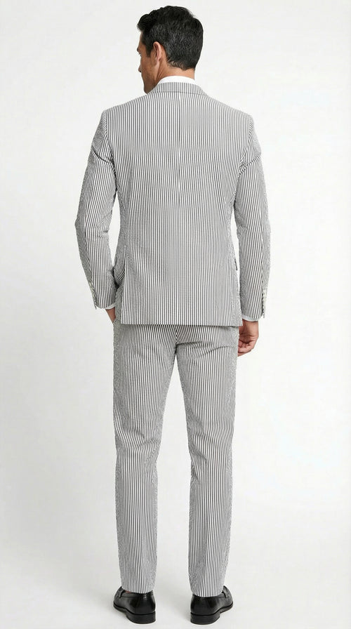 Men’s White and Black Seersucker Suit – Classic Lightweight Striped Summer Suit for Weddings and Formal Events