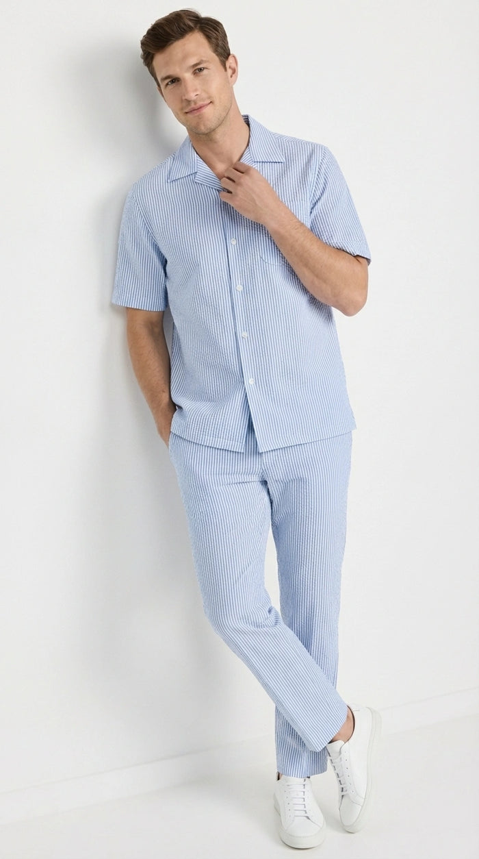 ens Light Blue Seersucker Walking Suit Set – Casual Summer Short Sleeve Outfit with Matching Pants Lightweight Two Piece Outfit