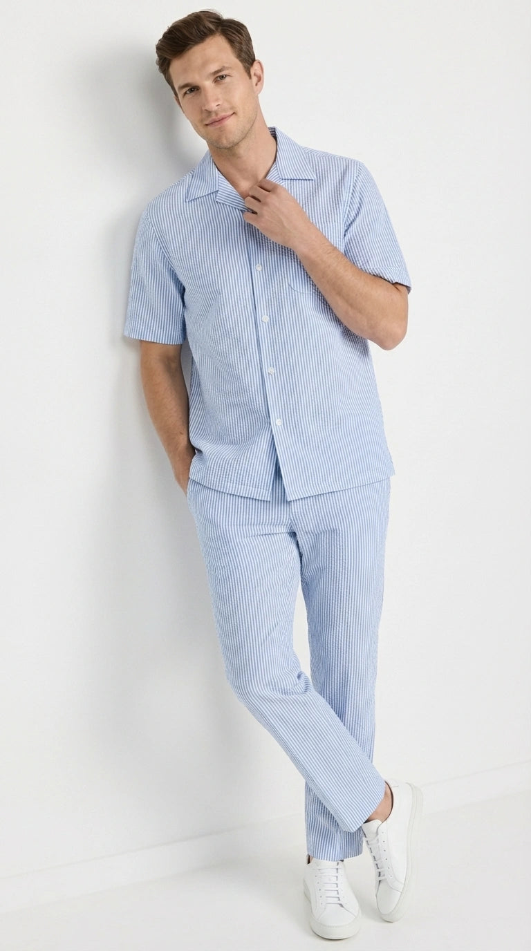 ens Light Blue Seersucker Walking Suit Set – Casual Summer Short Sleeve Outfit with Matching Pants Lightweight Two Piece Outfit