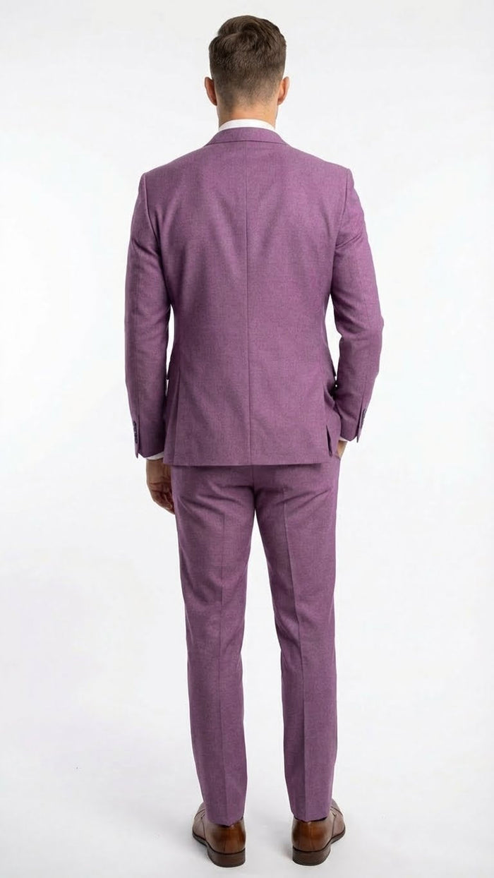 Alberto Nardoni men's mauve suit. Light purple blazer & matching trousers. Tailored fit, single vent, straight sleeves. Smooth, pattern-free fabric. Consistent color.
