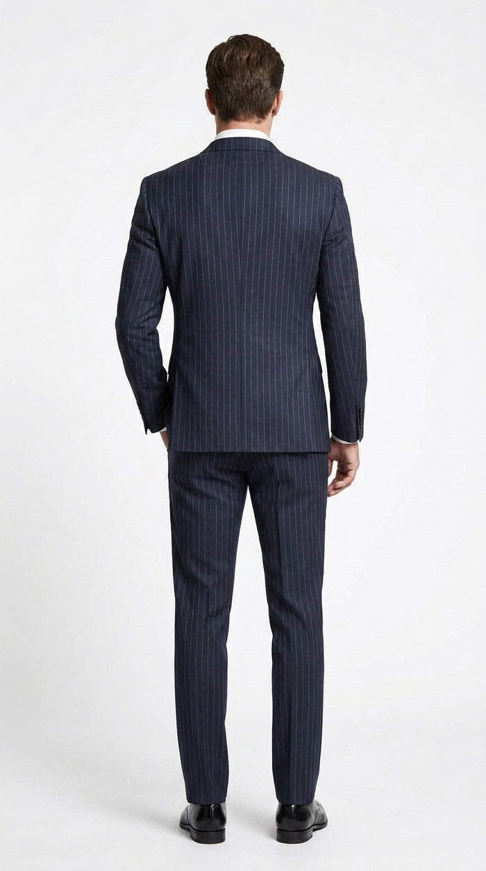 Men’s Patrick Bateman Inspired Navy Pinstripe Suit – American Psycho 1980s Business Style 2 Piece Suit