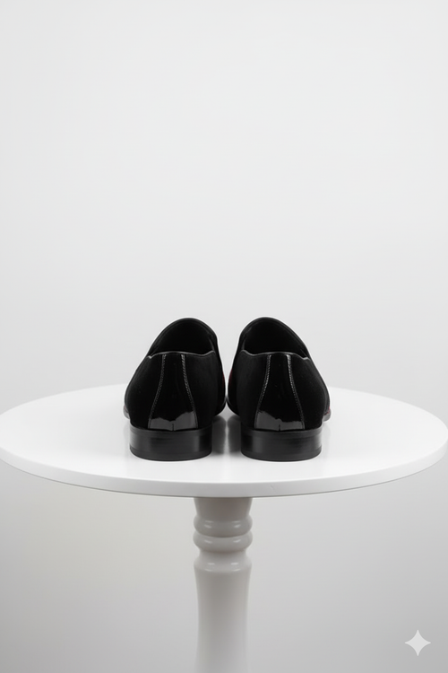 Men’s Red Glitter Tuxedo Loafers – Shiny Slip-On Dress Shoes with Black Patent Toe for Parties and Formal Events