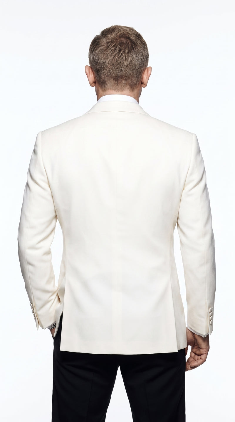 Men’s James Bond Style Ivory Dinner Jacket, White Tuxedo Blazer for Wedding, Prom and Black Tie Events