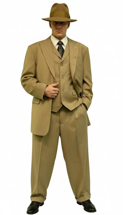 Tan pinstripe zoot suit for men: 3-piece ensemble (jacket, vest, wide-leg pants) with matching fedora. Light tan base, darker pinstripes. Vintage 1920s gangster style. Tailored jacket, notch lapel. Loose pants silhouette.